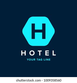 letter H logo on a polygon blue background. Initial letter uppercase polygon shape negative design logo.