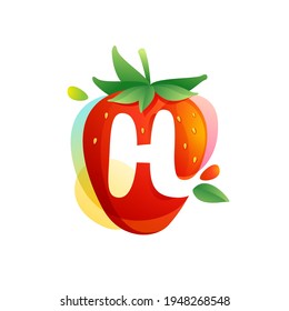Letter H logo on a tasty ripe Strawberry with green leaves and juice splashes. Vector negative space icon for fresh farm organic company, ecology magazine, exotic poster, summer menu cover.