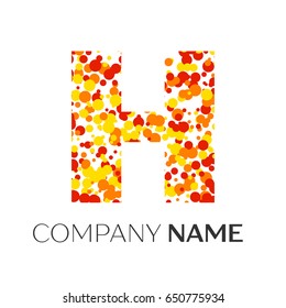 Letter H logo with orange, yellow, red particles and bubbles dots on white background. Vector template for your design