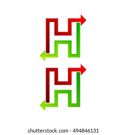 Letter H logo with Red and Green Arrow Forward Next Signs, Express Exchange Symbols, Transportation Export Import icons, Technology Digital Connection Trading concept for Corporate identity Business