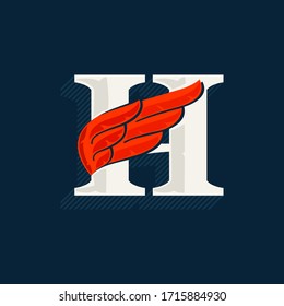 Letter H logo with red wing. Classic serif font with shadow made of lines. Vector icon perfect for sport labels, shipping posters, power identity, etc.