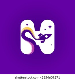 Letter H logo with rocket launch trail, planets, and stars. Negative space style icon. Vector typeface for science identity, planet travel app, chemistry posters, jet company, and biology advertising.