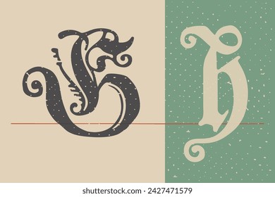 Letter H logo set. Medieval Polish blackletter calligraphy. 15th century Schwabacher Gothic type. Old German style font for fairy tale, premium newspaper headline, magic testament, heraldry manuscript