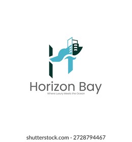Logotipo de la letra H con el símbolo de la nave y de la onda, marca de los bienes raíces y marina de la línea costera