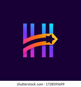 Letter H logo with star inside. Vector parallel lines icon. Perfect font for multicolor labels, space print, nightlife posters etc.