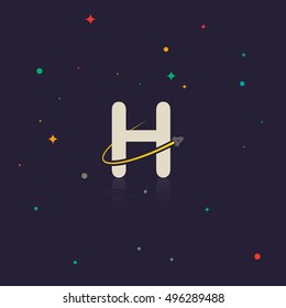 Letter H logo with swoosh and rocket, space themed