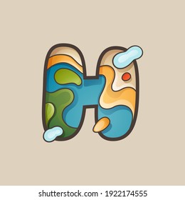 Logo des Buchstaben H mit topographischem Kartenlinienmuster. Abenteuer im Freien mit Berg, Ozean, Hügeln, Wald, Wüste und Wolken.