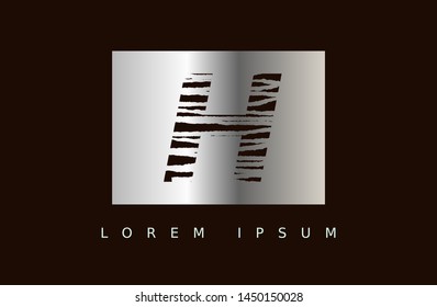 Letter H logo vector with silver box. wood texture style