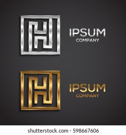Letter H logo,Square shape, Gold and Silver, metallic texture,3d Glossy, metal texture, steel
