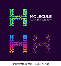 Letter H Logotype with Dots and Curve , Circle Shape and Line Connection, Molecule and Nano Technology logo, Innovation and DNA Icons, Medical Cosmetics Symbols, Science Laboratory Cell Signs