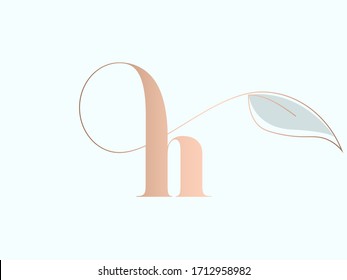 Letter h logo.Typographic icon isolated on light background. Script lettering sign with leaf shape.Rose gold  alphabet initial.Luxury, fresh, natural, elegant, wedding serif type style calligraphy.