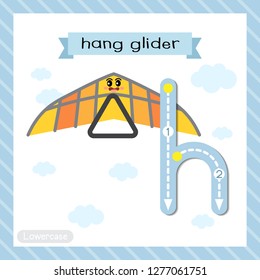 Letter H lowercase cute children colorful transportations ABC alphabet tracing flashcard of Hang Glider for kids learning English vocabulary and handwriting Vector Illustration.
