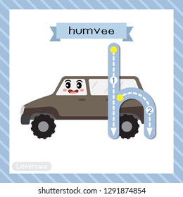 Letter H lowercase cute children colorful transportations ABC alphabet tracing flashcard of Humvee for kids learning English vocabulary and handwriting Vector Illustration.