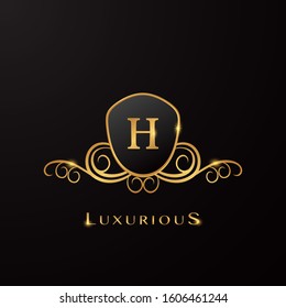 Letter H Luxurios Shield logo Golden Color, vector design concept  for luxury business, hotel, wedding service and more brand identity.