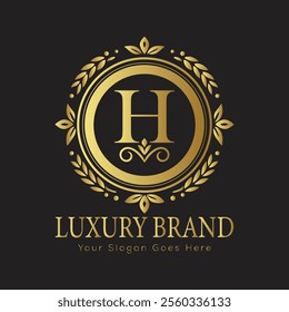 Letter H Luxury brand logo design with a royal gold crown emblem and elegant typography
