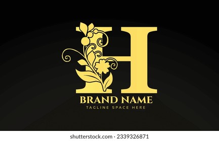 Letter H luxury floral logo design template with gold color