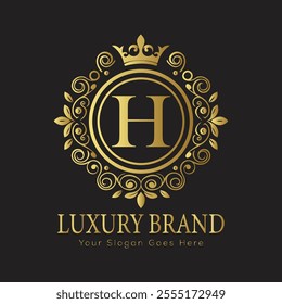 Letter H luxury gold logo concept brand logo design with a royal gold crown emblem and elegant typography
