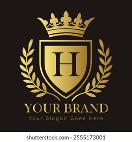 Letter H luxury gold logo concept brand logo design with a royal gold crown emblem and elegant typography
