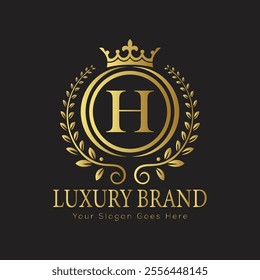 Letter H luxury gold logo concept brand logo design with a royal gold crown emblem and elegant typography
