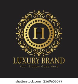 Letter H luxury gold logo concept brand logo design with a royal gold crown emblem and elegant typography
