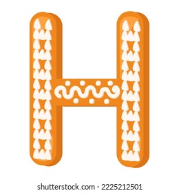 Letter H made from glazed gingerbread. Festive font, symbol of Happy New Year and Christmas, sign and letters of different shapes. Vector flat illustration