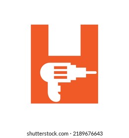 Letter H Manufacturing Construction Logo Design Concept With Drill Machine Symbol Vector Template