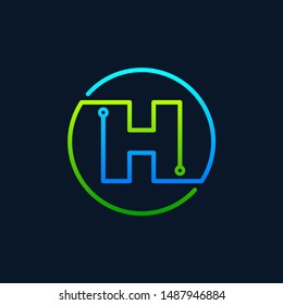 Letter H Mono Line Logo With Element Chip, Connect Concept , Circle Shape Symbol, Green And Blue Color, Technology And Digital Abstract Dot Connection - Vector