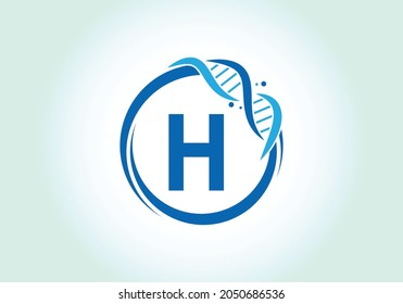 Letter H monogram alphabet in a circle with DNA. Genetics logo design concept. Font emblem. Modern vector logo for medicine, science, laboratory, business, and company identity