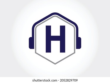 Letter H monogram alphabet with a headphone. Headphone Logo vector icon symbol. Music sign symbol. Font emblem. Design element for poster, banner, t-shirt, notebook cover, sticker, greeting card, bag,