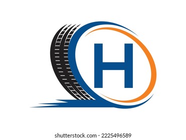 Letter H monogram alphabet With a Sport Car Automotive Car Repair Logo Design Concept With Transport Tire Icon Vector Template.