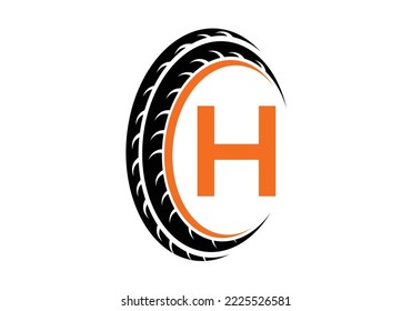 Letter H monogram alphabet With a Sport Car Automotive Car Repair Logo Design Concept With Transport Tire Icon Vector Template.