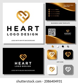 Letra H diseño de logotipo de corazón monograma con plantilla de tarjeta de visita.