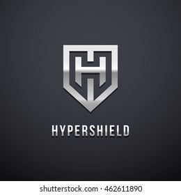 Letter "H" monogram and shield sign combination. Line art logo design. Symbolizes reliability, safety, power, security. Eps10 vector luxury logotype.