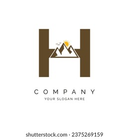 letter H with mountain logo inspiration, alphabet H with mountains, peaks, sun and birds concept design logo vector line pattern