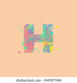Letter H with multicolored mixed spots of pink, yellow, blue, turquoise paint on peach background. Design for banners, flyers, tags, decorations, poster or invitation.