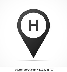 Letter H on map pin. Location pointer isolated on a white background.
Conceptual vector illustration.