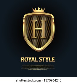 Letter H on the shield with crown isolated on dark background. Golden 3D initial logo business vector template. Luxury, elegant, glamour, fashion, boutique for branding purpose. Unique classy concept.