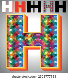 Letter H on triangular pattern mosaic royalty vector, Colorful triangles form H mosaic design, This graphic design is set against H white triangular background, Polygonal 3D Alphabet H, A to Z Letter,