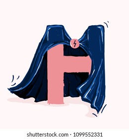 Letter H original vector hand drawn illustration of a hero in a dark blue superhero cape. Bright cute isolated image for children books