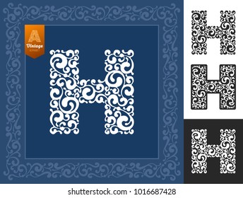 Letter H from ornate unusual alphabet. Can be use as initial letter, monogram, logotype and any other designs. Isolated on black and white background. Variant with frame. Vector illustration.