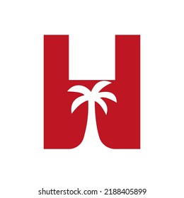 Letter H Palm Tree Logo Design Concept For Travel Beach Landscape Icon Vector Template