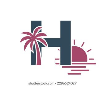 letter h with palm tree and sunset. vacation and resort alphabet logo symbol. summer and exotic tourism design. isolated vector image