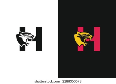 Letter H with panther head illustration in flat design monogram symbol. H panther head icon logo vector.