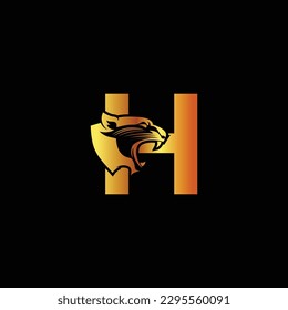 Letter H with panther head illustration in flat design monogram symbol.