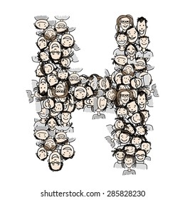Letter H, people crowd, vector alphabet for your design
