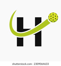 Letter H Pickleball Logo Concept With Moving Pickleball Symbol. Pickle Ball Logotype
