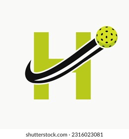 Letter H Pickleball Logo Concept With Moving Pickle Ball Symbol. Pickle Ball Logotype