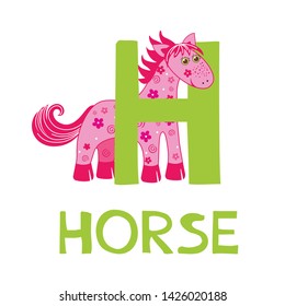 Letter H and Pink Horse. English alphabet with animals. Cartoon characters isolated on white background. Flat design. Zoo theme. Colorful vector illustration for kids. Vector illustration