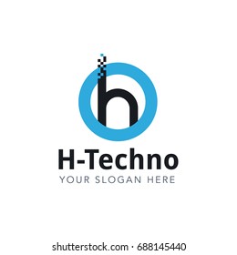 Letter H Pixel Logo Design Template With Blue Circle Isolated on White Background. Vector Illustration