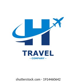 letter H with plane and airline logo vector template. Suitable for travel label, tourism, journey posters, flight company advertising, airways identity, and tech transportation
